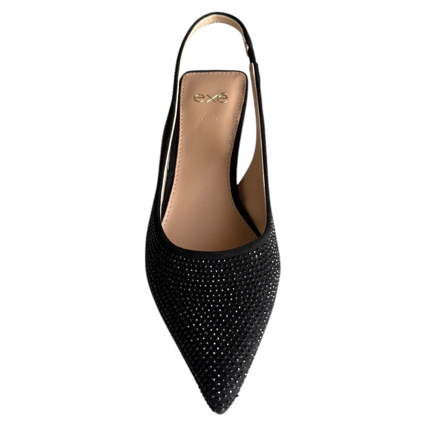 Scarpe donna Exè decoltè aperto in ecocamoscio e strass nero